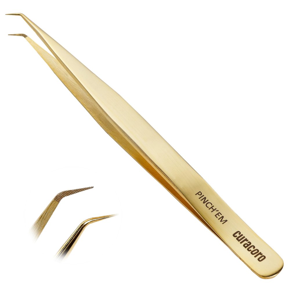 Curacoro Lash Tweezer - Professional & Precision Fiber Tip Grip Lash Tweezers for Eyelash Extensions, Multi Shapes & Purposes Tweezers for Volume, Isolation & Classic Lashes (Gold, Pinch'em)