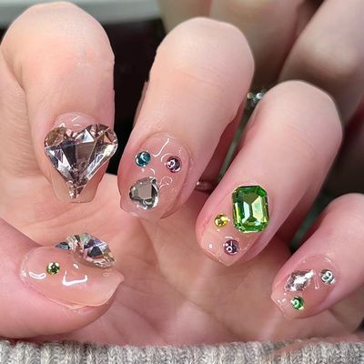 ZIIVIEVS Hand worn nails, summer colored gemstone nail art, detachable fake nails(L), 1 Count (Pack of 1)