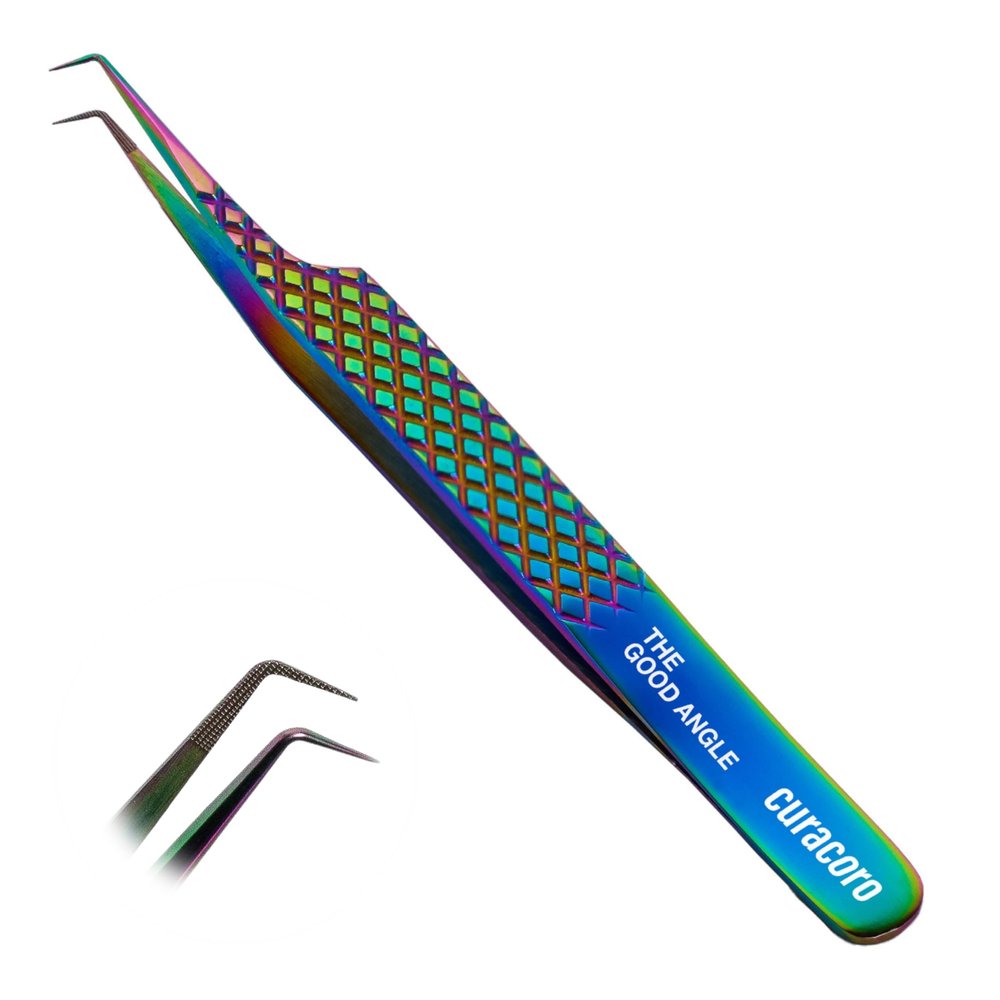 Curacoro Lash Tweezer - Professional & Precision Fiber Tip Grip Lash Tweezers for Eyelash Extensions, Multi Shapes & Purposes Tweezers for Volume, Isolation & Classic Lashes (Galaxy, The Good Angle)