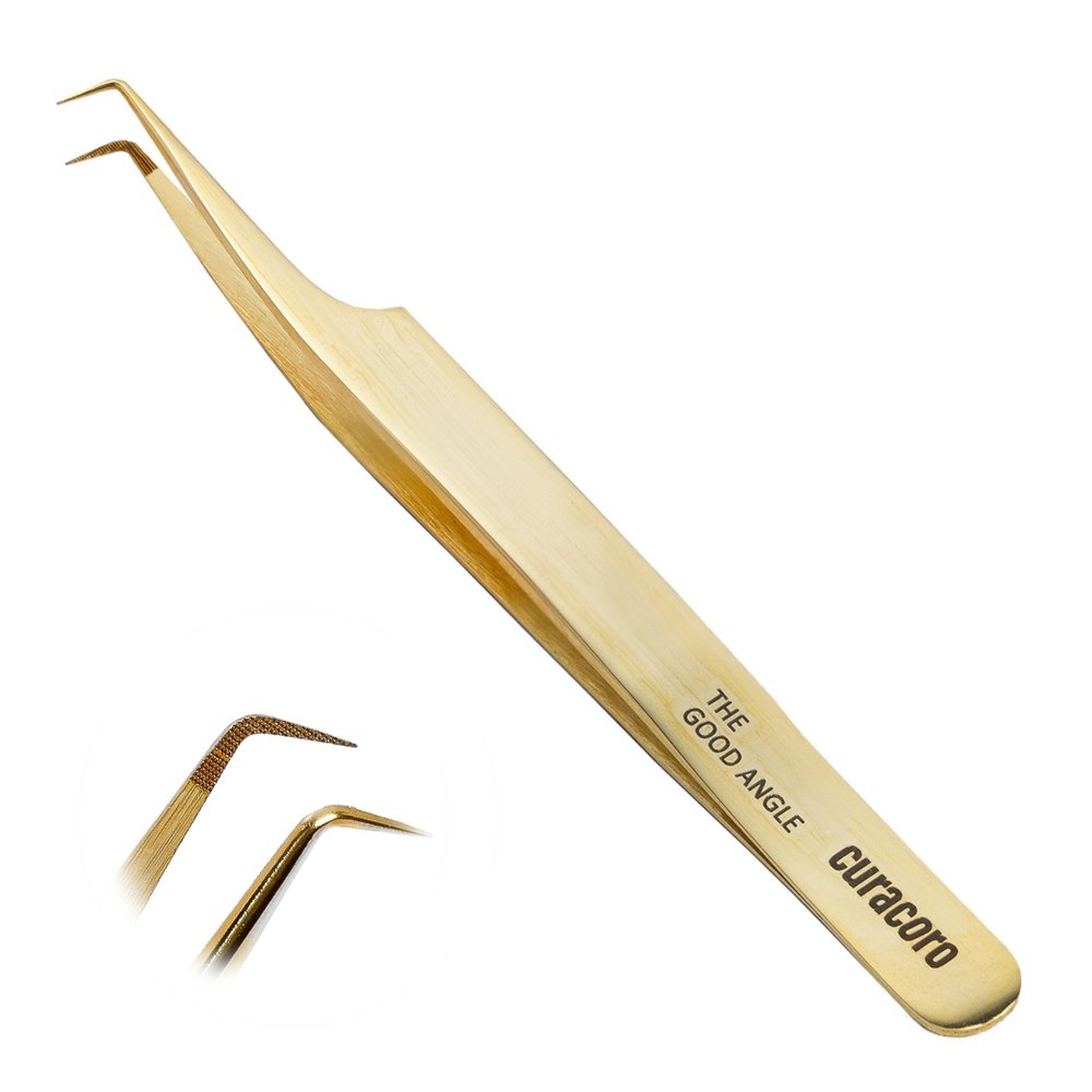 Curacoro Lash Tweezer - Professional & Precision Fiber Tip Grip Lash Tweezers for Eyelash Extensions, Multi Shapes & Purposes Tweezers for Volume, Isolation & Classic Lashes (Gold, The Good Angle)