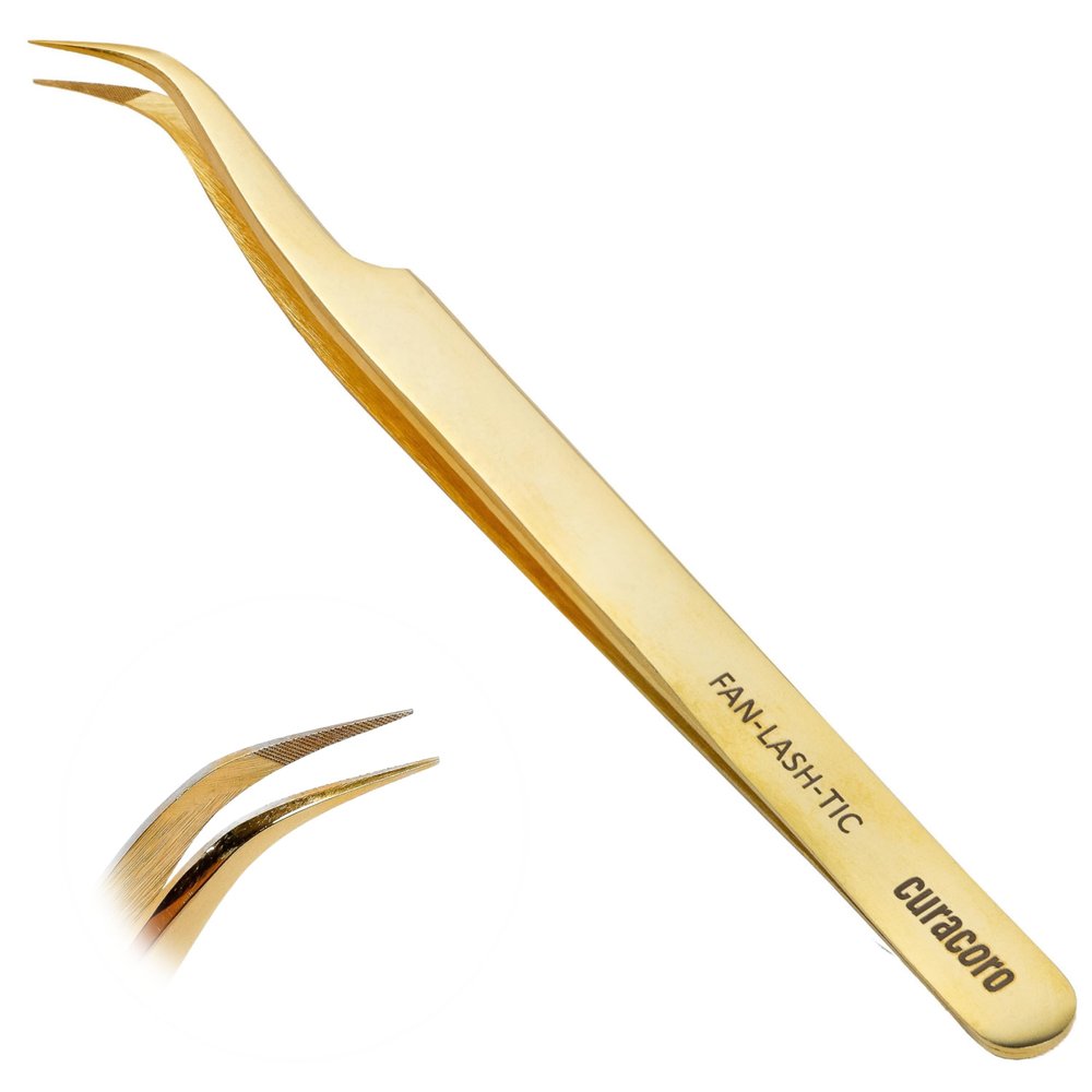 Curacoro Lash Tweezer - Professional & Precision Fiber Tip Grip Lash Tweezers for Eyelash Extensions, Multi Shapes & Purposes Tweezers for Volume, Isolation & Classic Lashes (Gold, Fan-lash-tic)