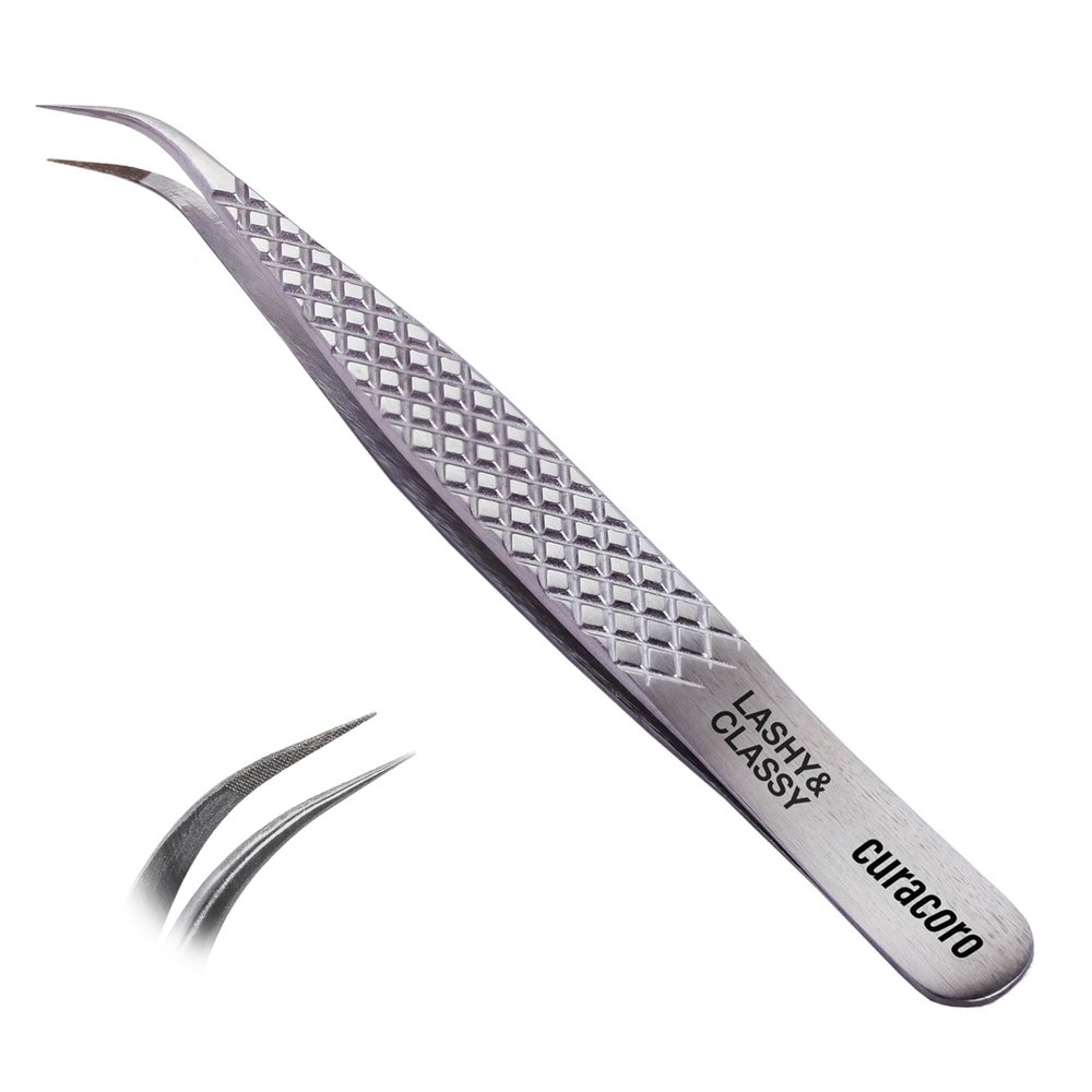 Curacoro Lash Tweezer - Professional & Precision Fiber Tip Grip Lash Tweezers for Eyelash Extensions, Multi Shapes & Purposes Tweezers for Volume, Isolation & Classic Lashes (Silver, Lashy and Classy)