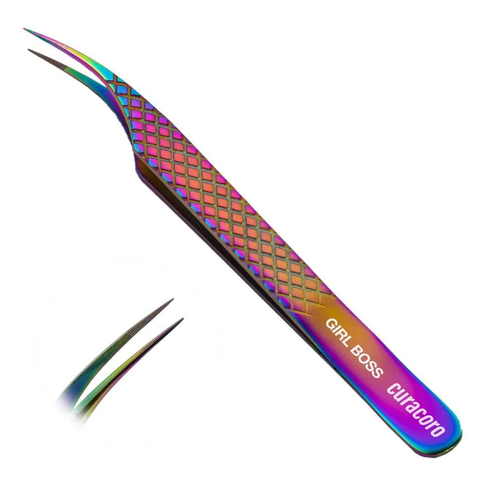 Curacoro Lash Tweezer - Professional & Precision Fiber Tip Grip Lash Tweezers for Eyelash Extensions, Multi Shapes & Purposes Tweezers for Volume, Isolation & Classic Lashes (Galaxy, Girl Boss)