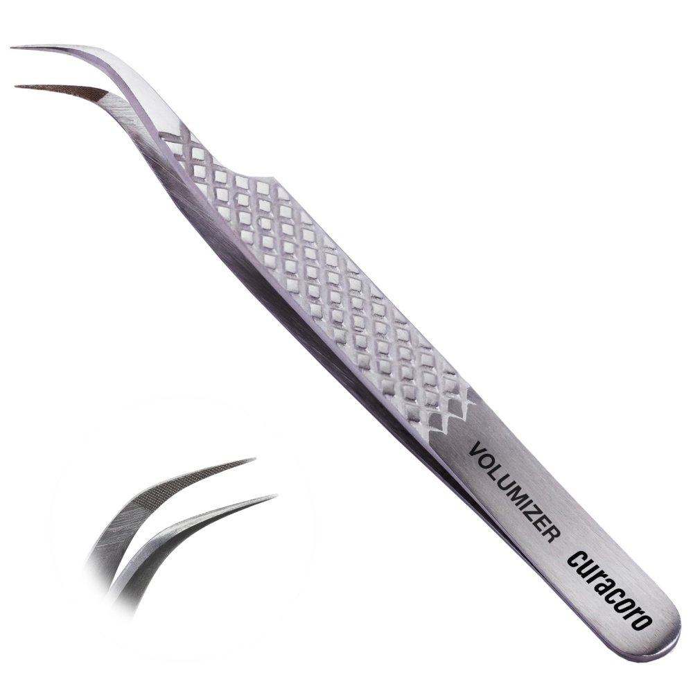 Curacoro Lash Tweezer - Professional & Precision Fiber Tip Grip Lash Tweezers for Eyelash Extensions, Multi Shapes & Purposes Tweezers for Volume, Isolation & Classic Lashes (Silver, Volumizer)