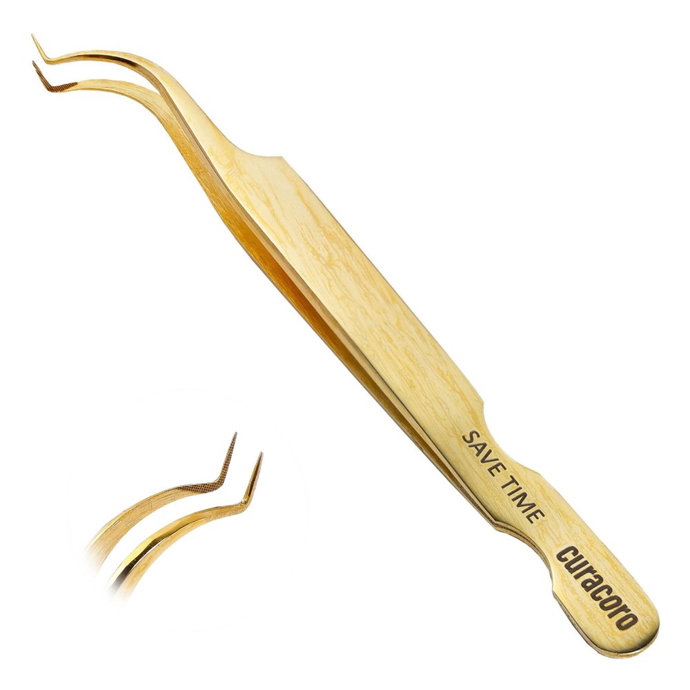Curacoro Lash Tweezer - Professional & Precision Fiber Tip Grip Lash Tweezers for Eyelash Extensions, Multi Shapes & Purposes Tweezers for Volume, Isolation & Classic Lashes (Gold, Save Time)
