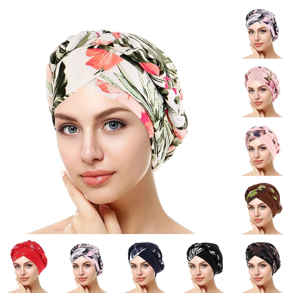 African Women Turban Cap Women Headscarf Braid Wrap Hat Cancer Muslim Headwrap Flower African Pattern (Purple, One Size)