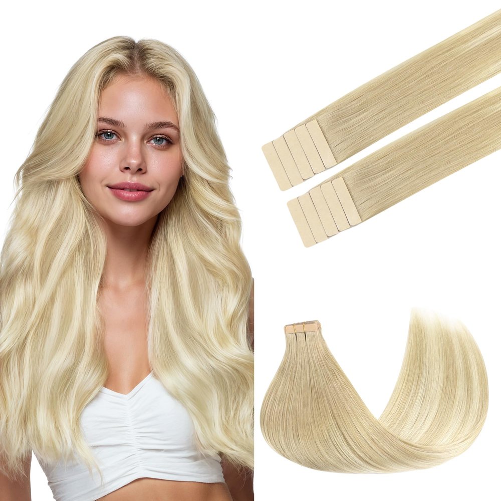 GOO GOO Tape in Hair Extensions Human Hair, 18ET90A Natural Blonde Balayage, 14inch 25g 10pcs, Skin Weft Seamless Invisible, Silky Straight with Thick Ends, Remy Human Hair