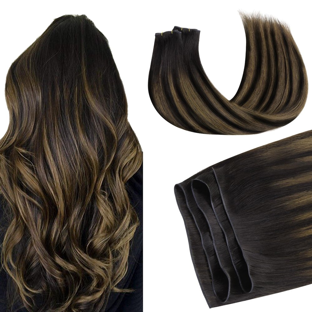 GOO GOO Genius Weft Hair Extensions Human Hair, Sew In Hair Extensions Rooted Remy Weft, 1B/6/1B Balayage Natural Black to Chestnut Brown 20inch 120g, Hand Tied Weft Hair Extensions