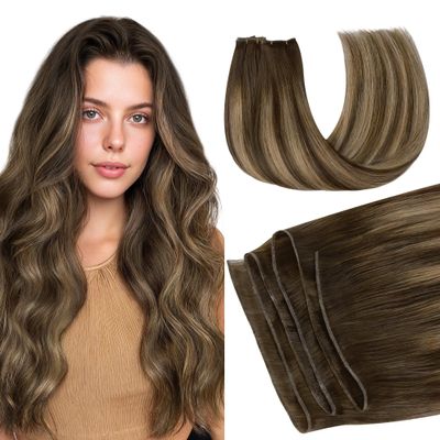 GOO GOO Genius Sew In Human Hair Extensions, Rooted Remy Weft, 4/27/4 Balayage Chocolate Brown to Caramel Blonde, 24inch 120g, Hand Tied Weft