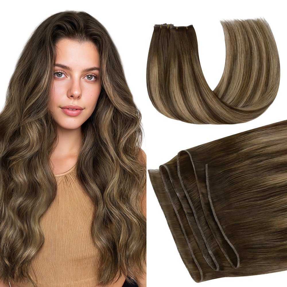 GOO GOO Genius Sew In Human Hair Extensions, Rooted Remy Weft, 4/27/4 Balayage Chocolate Brown to Caramel Blonde, 24inch 120g, Hand Tied Weft