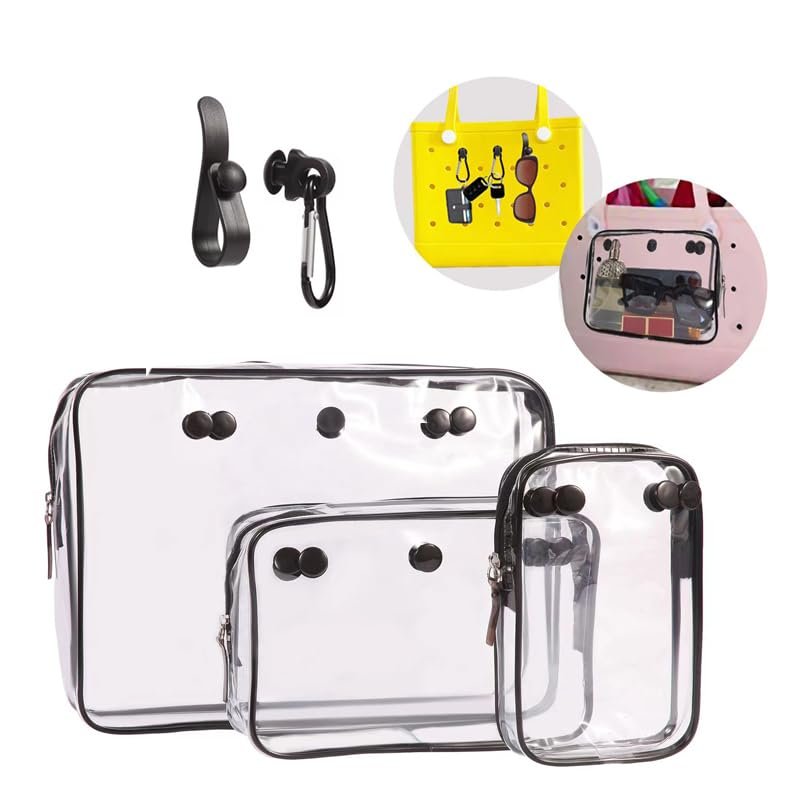 3 Packs Clear Beach Tote Bag Accessories suitable for Bogg Bag Insert Bag with 2 Hooks Key Holder Travel Cellphone Makeup Bags Toiletry Brush Organizer Cosmetic Divider Storage Inner Pouch -Black
