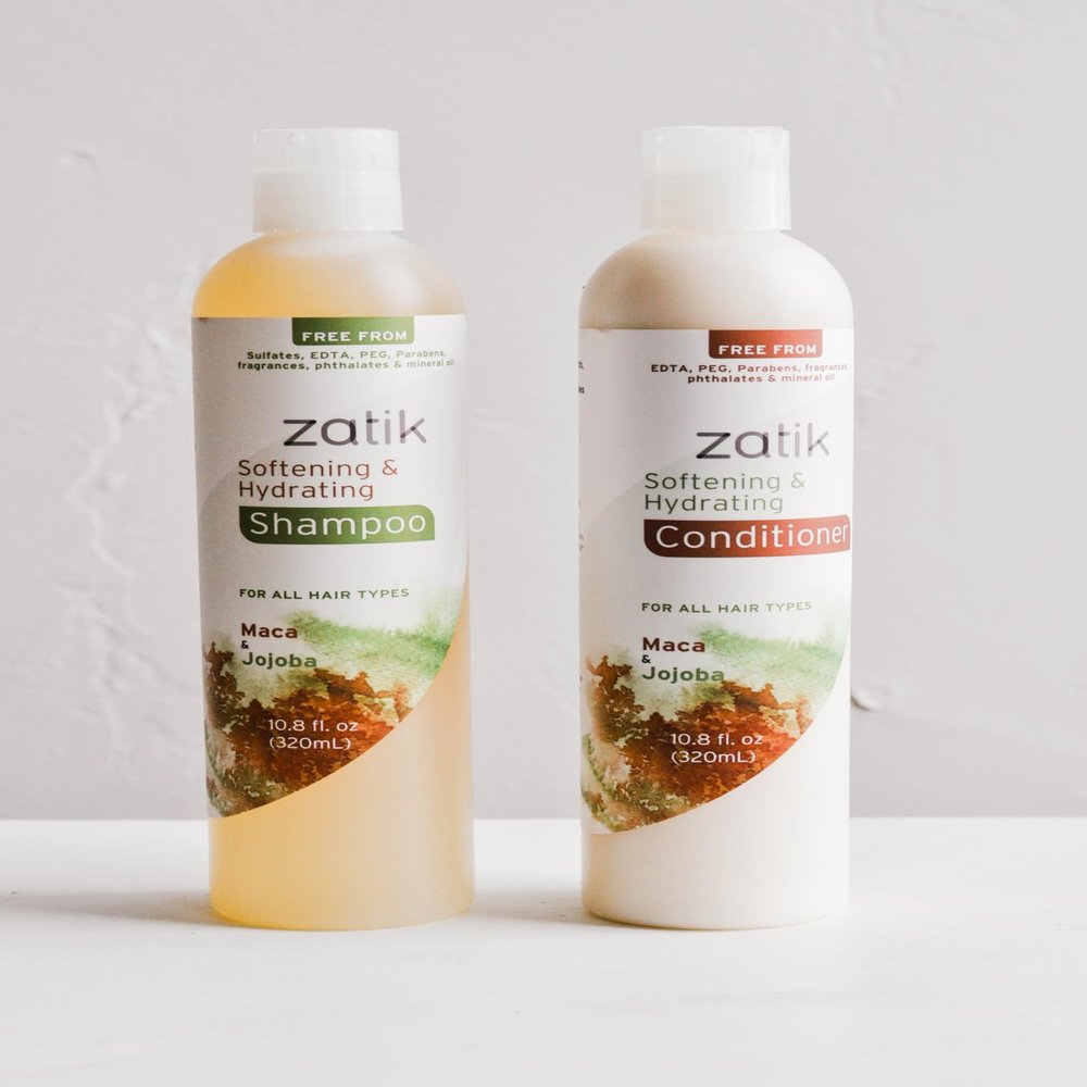 Zatik Naturals - Softening & Hydrating Shampoo + Conditioner Set - with Maca and Jojoba for all Hair, Vegan, Biodegradable, pH Balanced, Free From Sulfates, 10.8 fl oz (One of Each)