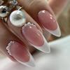 24Pcs White French Tip Press on Nails Medium Almond Fake Nails with Pearl Glossy Designs Nail Art Supplies Nude Pink False Nails Stick on Nails for Women Girls Acrylic Nail Manicure Salon Decorations view 1