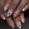 3D Bow French Tip Press on Nails Medium Long Almond Fake Nails White Pink Flower Rhinestones Design with Glossy Pearl Acrylic False Nails Glue on Nails for Women Girls Manicure Decoration 24 Pcs view 1