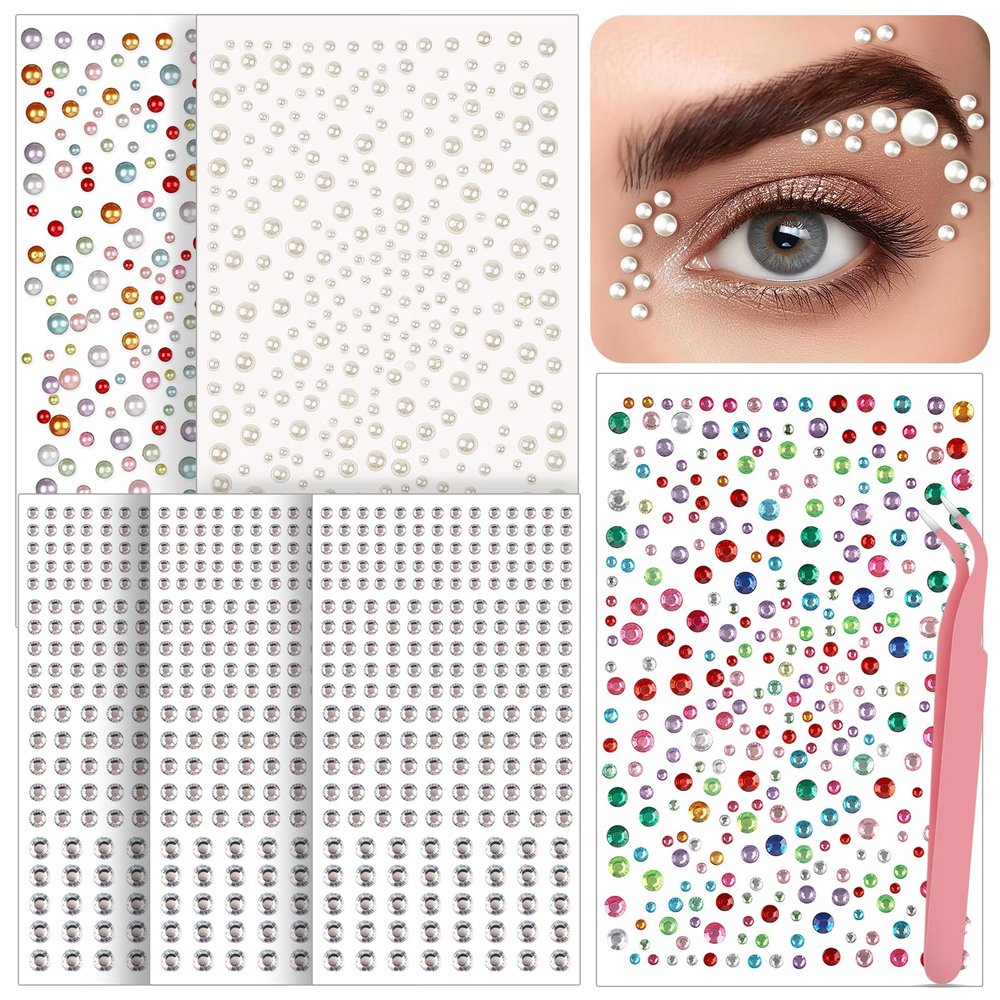 1630Pcs Face Gems Stickers - 3/4/5/6 mm DIY Self-Adhesive Rhinestones & Pearls, Stick on Jewels for Face Eyes Hair Nails Body Makeup, Rave Festival Crafts Accessories