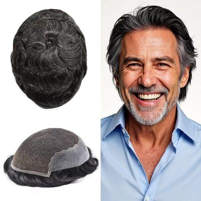 FACE MIRACLE Toupee for Men French Lace Front Mens Toupee Human Hair Replacement Systems Bleached Knots Men Hairpieces Hair Units for Man 7X9" #1B20 Off Black with 20% Gray
