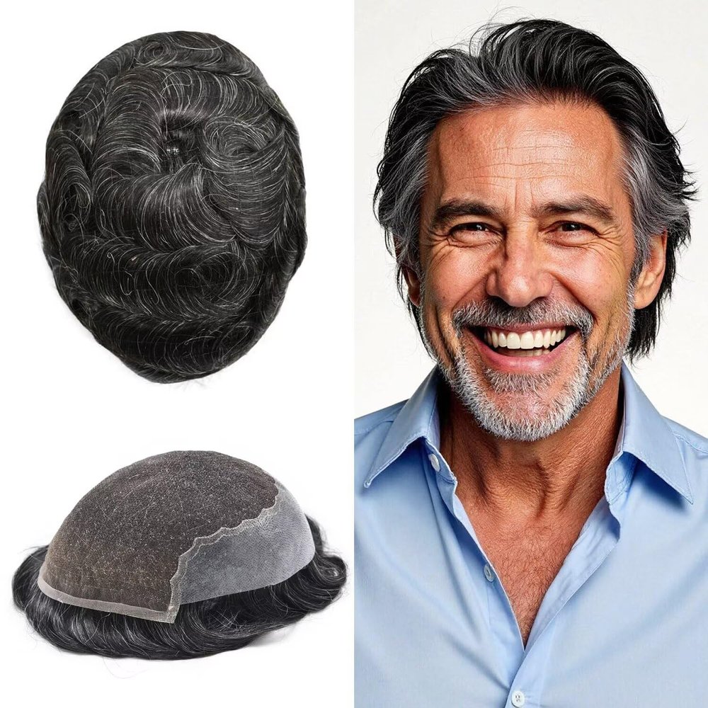 FACE MIRACLE Toupee for Men French Lace Front Mens Toupee Human Hair Replacement Systems Bleached Knots Men Hairpieces Hair Units for Man 7X9" #1B20 Off Black with 20% Gray