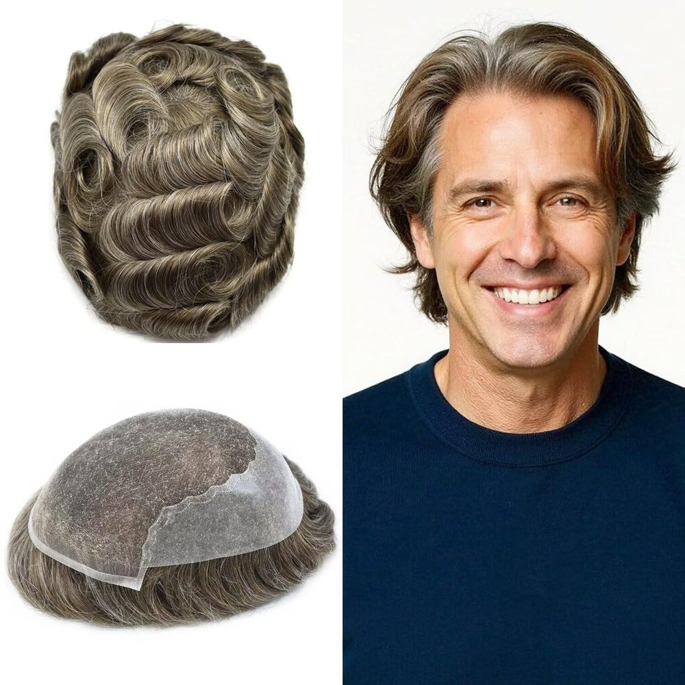 FACE MIRACLE Mens Toupee Human Hair Pieces Lace Front Toupee for Men Transparent French Lace Mens Hair Wig Units Black Brown Blonde Gray Hair Systems 7X9" #720 Very Light Brown with 20% Gray
