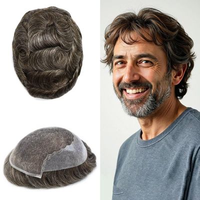 FACE MIRACLE Mens Toupee Human Hair Pieces Lace Front Toupee for Men Transparent French Lace Mens Hair Wig Units Black Brown Blonde Gray Hair Systems 7X9" #350 Dark Brown with 50% Gray