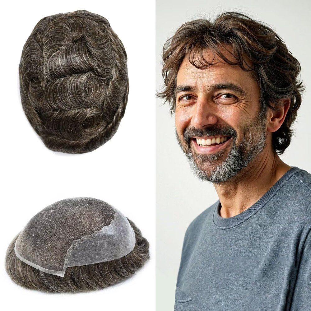 FACE MIRACLE Mens Toupee Human Hair Pieces Lace Front Toupee for Men Transparent French Lace Mens Hair Wig Units Black Brown Blonde Gray Hair Systems 7X9" #350 Dark Brown with 50% Gray