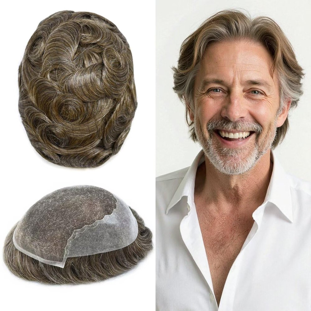 Toupee for Men Transparent French Lace Front Mens Toupee Real Human Hair Piece Mens Human Hair Toupee Black Brown Blonde Grey Hair Replacement Systems 7X9" #530 Medium Light Brown with 30% Gray