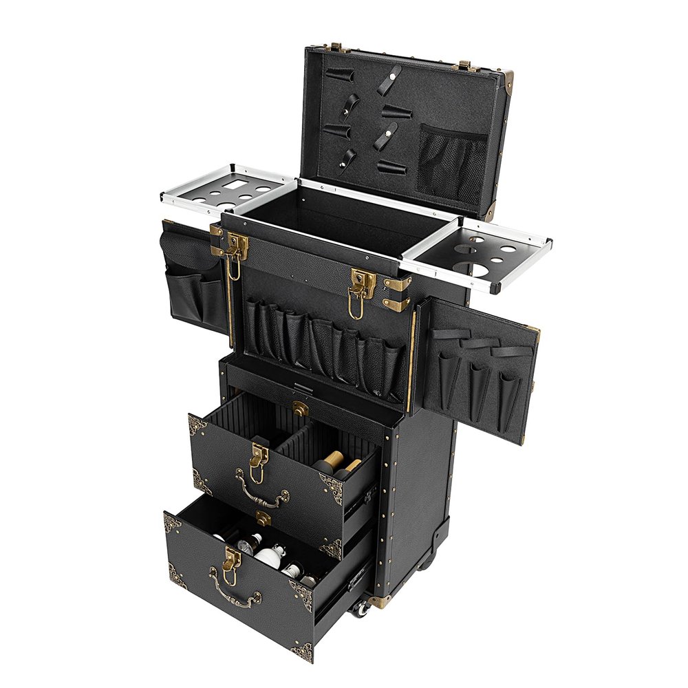 Rolling Makeup Train Case, Trolley Makeup Travel Case, Professional Rolling Makeup Case with Key Lock, Traveling Cart Trunk, Beauty Salon Luggage, Large Capacity (Gold)