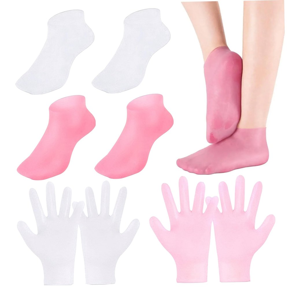 Moisturizing Gloves, 4 Pairs Silicone Moisturizing Gloves & Socks Set Spa Socks and Gloves Hands Feet Skin Care High Elasticity Reusable Gloves and Socks for Foot Hand Softening, Dry Cracked