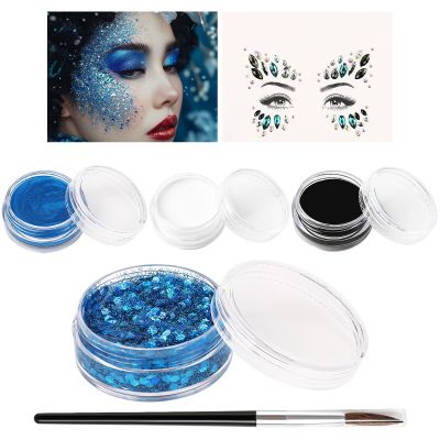 BOBISUKA Halloween Face Paint Kit - Black, White, Blue + Body Glitter Gel + Face Gems - Professional Washable Body Paint for SFX, Cosplay, Party, Stage Performance Makeup