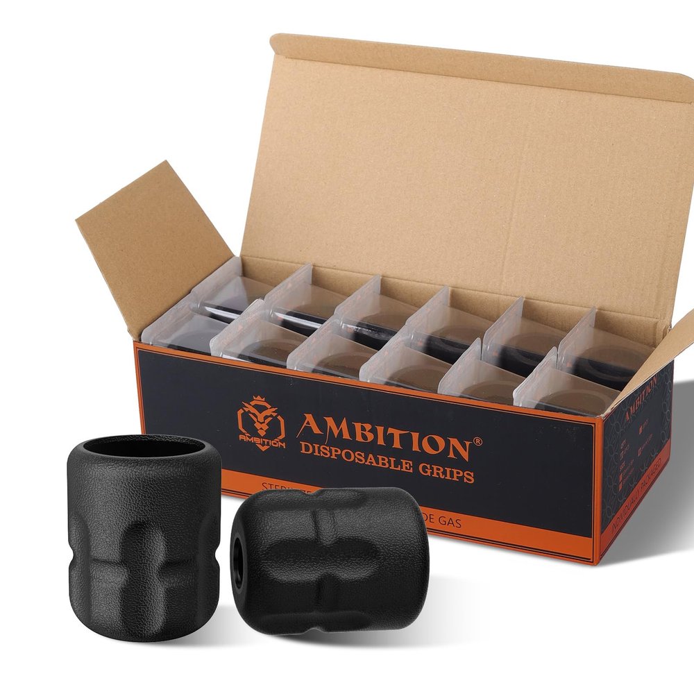 Ambition Soldier P2 42MM Disposable Tattoo Grips - 12Pcs Professional Tattoo Rubber Grip Cover with Click Adjust System Supply for Rotary Soldier, Zetton, Torped & Shura Tattoo Pen Machine Gun