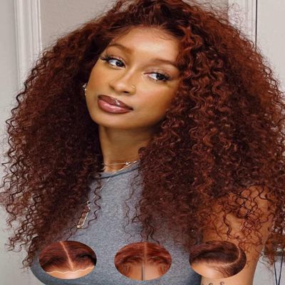 Beauty Forever Curly Glueless Wigs Human Hair 7X5 Pre-Everything Bye Bye Knots Wear and Go Drawstring Wig with Reddish Brown,Pre Plucked Pre Cut HD Lace Curly Wig for Women 33B 150% Density 16inch