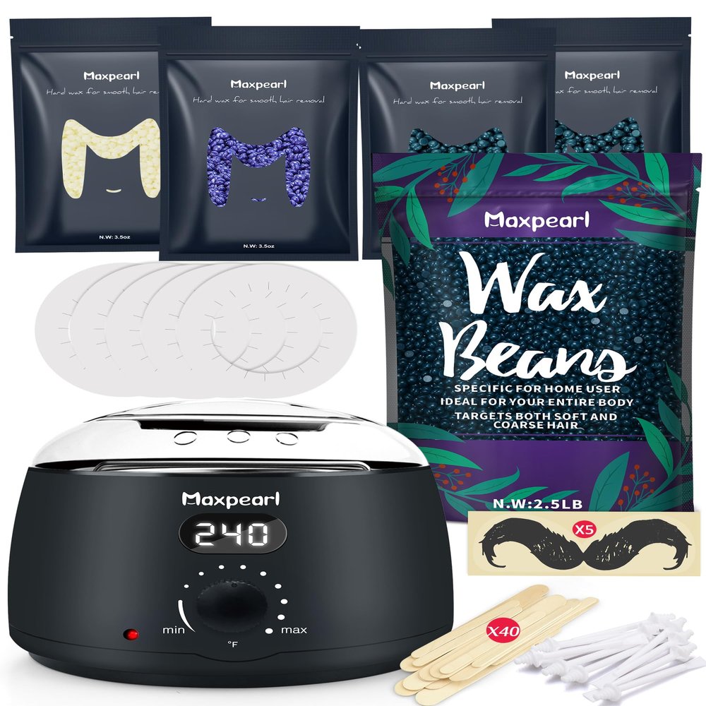 Maxpearl Digital Waxing Kit + 2.5LB Hard Wax Beads Bag for Full Body Waxing - Brazilian, Bikini Waxing, Face, Eyebrows, Underarms, Arms, Chest, Back, Legs, Jasmine & Coconut Formula