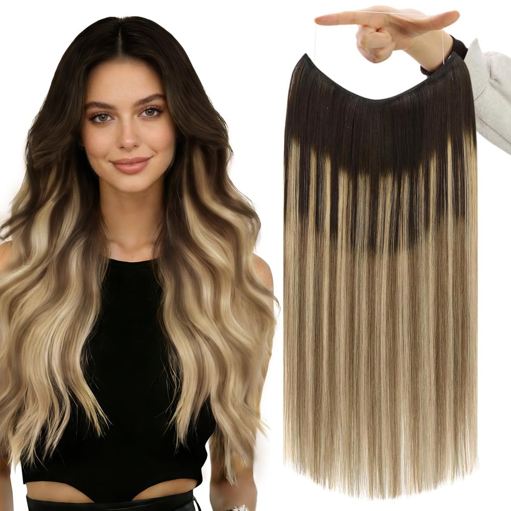 Fshine Invisible Wire Extensions 18 Inch Balayage Dark Brown to Ash Brown Mix Blonde Secret Wire Hair with Adjustable Fish Line Straight One Hairpiece Natural Add Volume 86 G