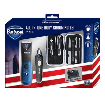 Barbasol Grooming Kit for Men, 12 Piece Mens Grooming and Manicure Travel Set, Includes Trimmer Clippers, Nose & Ear Trimmer, 2 Nail Clippers, Cuticle Scissors, File, and More, Perfect for Travel