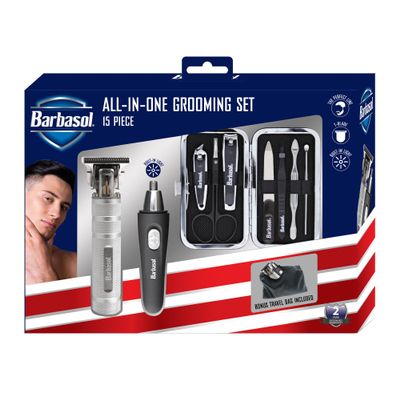 Barbasol Grooming Kit for Men, 15 Piece Mens Grooming and Manicure Travel Set, Includes a T-Blade Trimmer, Nose & Ear Trimmer, 2 Nail Clippers, Cuticle Scissors, File, & More, Perfect for Travel