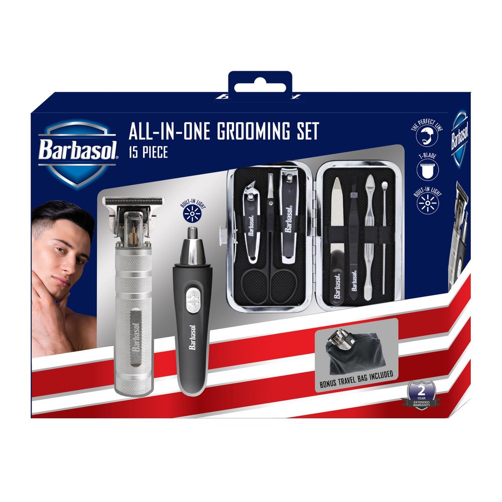 Barbasol Grooming Kit for Men, 15 Piece Mens Grooming and Manicure Travel Set, Includes a T-Blade Trimmer, Nose & Ear Trimmer, 2 Nail Clippers, Cuticle Scissors, File, & More, Perfect for Travel