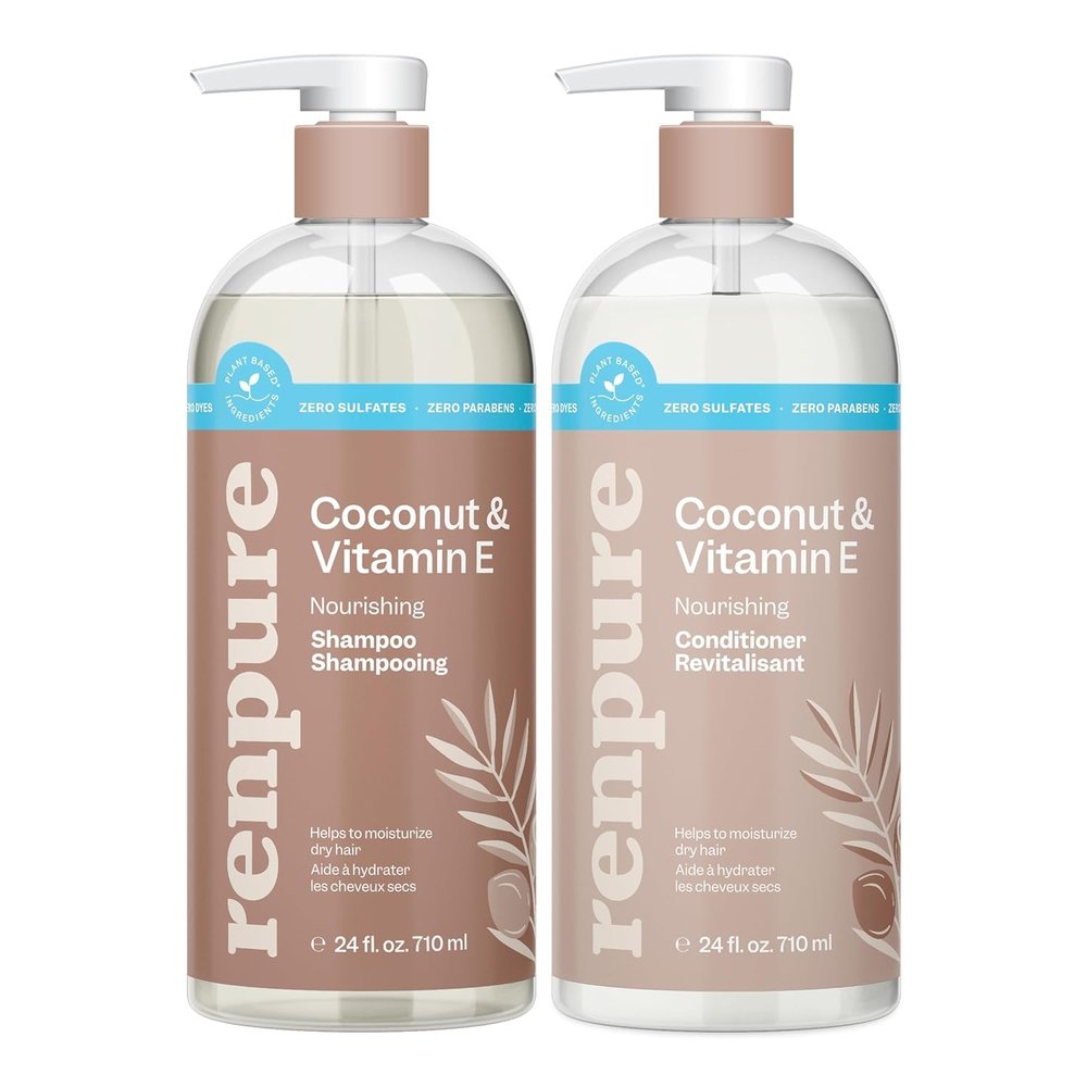 Renpure Coconut & Vitamin E Shampoo & Conditioner Set, Plant-Based Nourishes & Seals In Moisture For Soft, Healthy Hair For Dry, Lifeless Hair Coconut Oil & Vitamin E - 24 Fl Oz each, 2 Pack