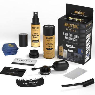 Supreme Trimmer Hair Fibers 9-in-1 Kit | 25G Keratin Fibers, Pump Nozzle, Hairline Cards, S&L Shaker, Brush, Wipes, Mirror, Hold Spray | Conceal/Thicken Thinning Hair in Men & Women | Black