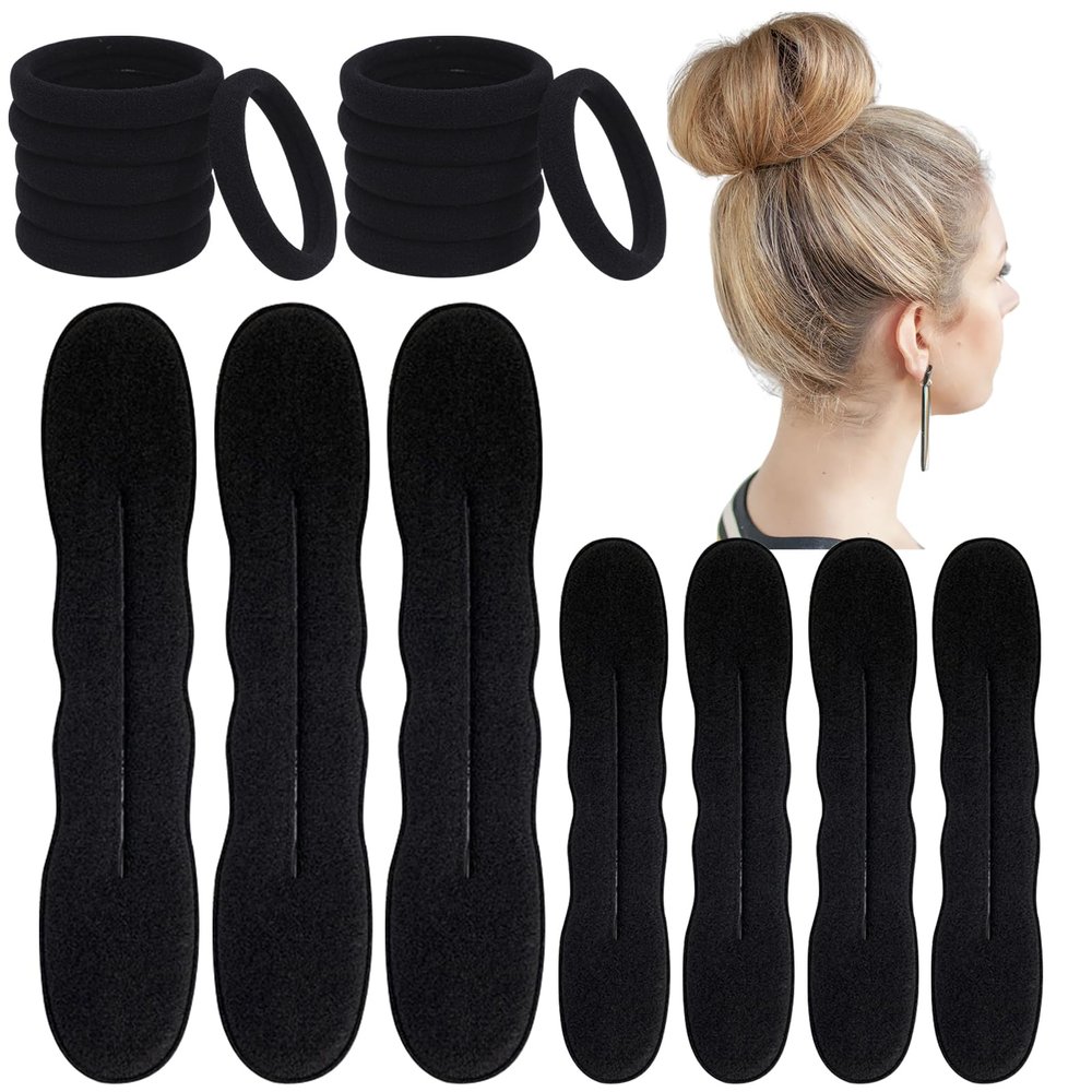 Arvintas 10 PCS Hair Bun Maker for Women and 12 Black Hair Ties Lazy Hair Curler Bun Clips Easy Magic Snap Roll Sponge Bun Donut Hair Maker for Women With Hair Ties