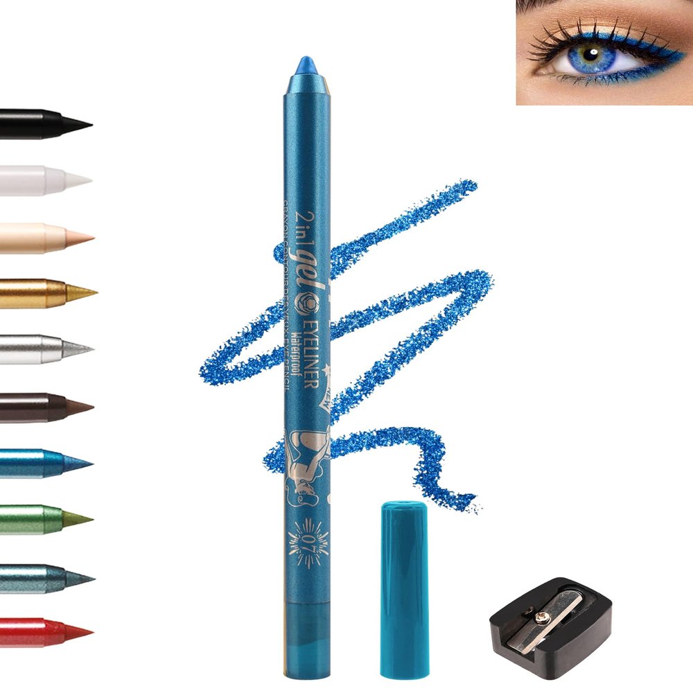 Sky Blue Eyeliner Pencil Gel, Sharpenable Multi-Use Colorful Eyeliner Waterline Waterproof Smudge-Proof Long Stay, High Pigmented Shimmer Cream Eye Liner Pen with Sharpener, Safe for Sensitive Eyes-07