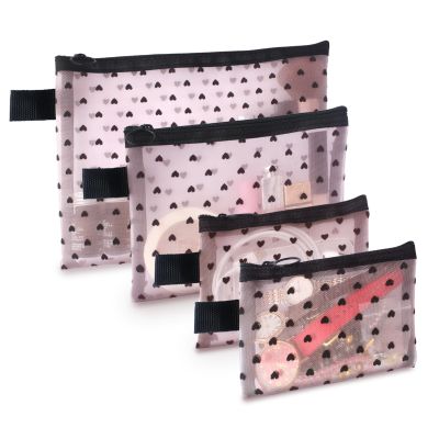 4-Piece Heart Printed Mesh Makeup Bag Set, Portable Travel Mesh Cosmetic Bags Toiletry Bags Makeup Purse Bags, Zipper Storage Pouches for Home Offices Travel Accessories (Pink)