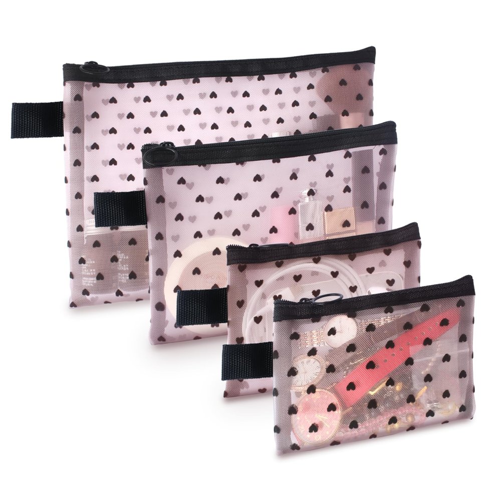 4-Piece Heart Printed Mesh Makeup Bag Set, Portable Travel Mesh Cosmetic Bags Toiletry Bags Makeup Purse Bags, Zipper Storage Pouches for Home Offices Travel Accessories (Pink)