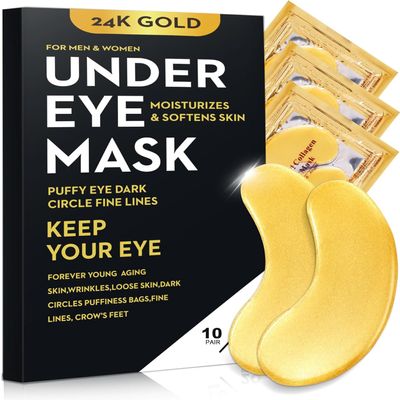 Bukamkom 20Pcs/10Pairs Under Eye Patches Gold for Dark Circles, Puffy Eyes, and Wrinkles, 24K Gold Eye Mask for Face, Eye Cream for Men and Women