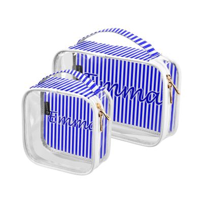 Personalized Clear Toiletry Bag for Women Blue Stripe Custom Name Clear Cosmetic Bag for WomenCustomized Birthday, Anniversary, Bridesmaid, Christmas, Wedding GiftWomen Waterproof Makeup Bag Gift