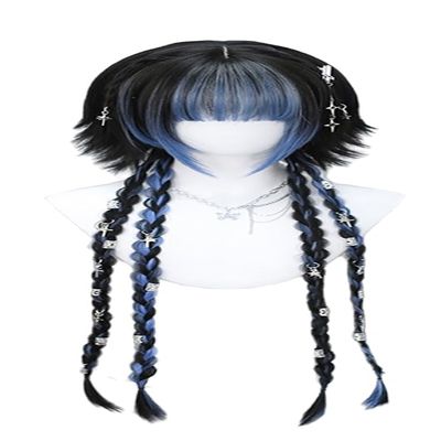 TEDPRBGE Women Long Straight Wig Hime Cut Wig Highlight Ombre Wigs with Bang Sweet Lolita Princess Wigs for Daily Party (Black Blue-braid)