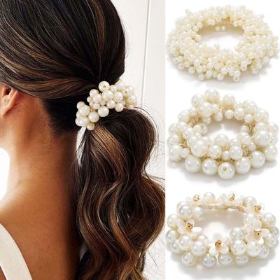 Fashey Pearl Hair Tie Flower Scrunchies Fancy Ponytail Holder Decorative Hair Accessories for Women