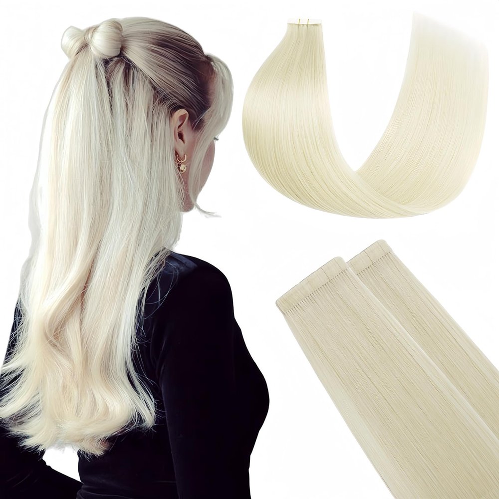FUOTONBUTY Tape in Hair Extensions Real Human Hair Double Stitched Invisible Seamless 20pcs 50g(Lightest Blonde, 18 inch)