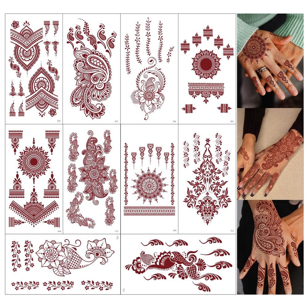 10 Sheets Brown Henna Tattoo Kit, Lace Fake Tattoos Semi Permanent Tattoo Stickers Waterproof Henna Tattoo Stickers for Women Wedding Party Festival Tattoos Decorations(Henna Tattoo) 538