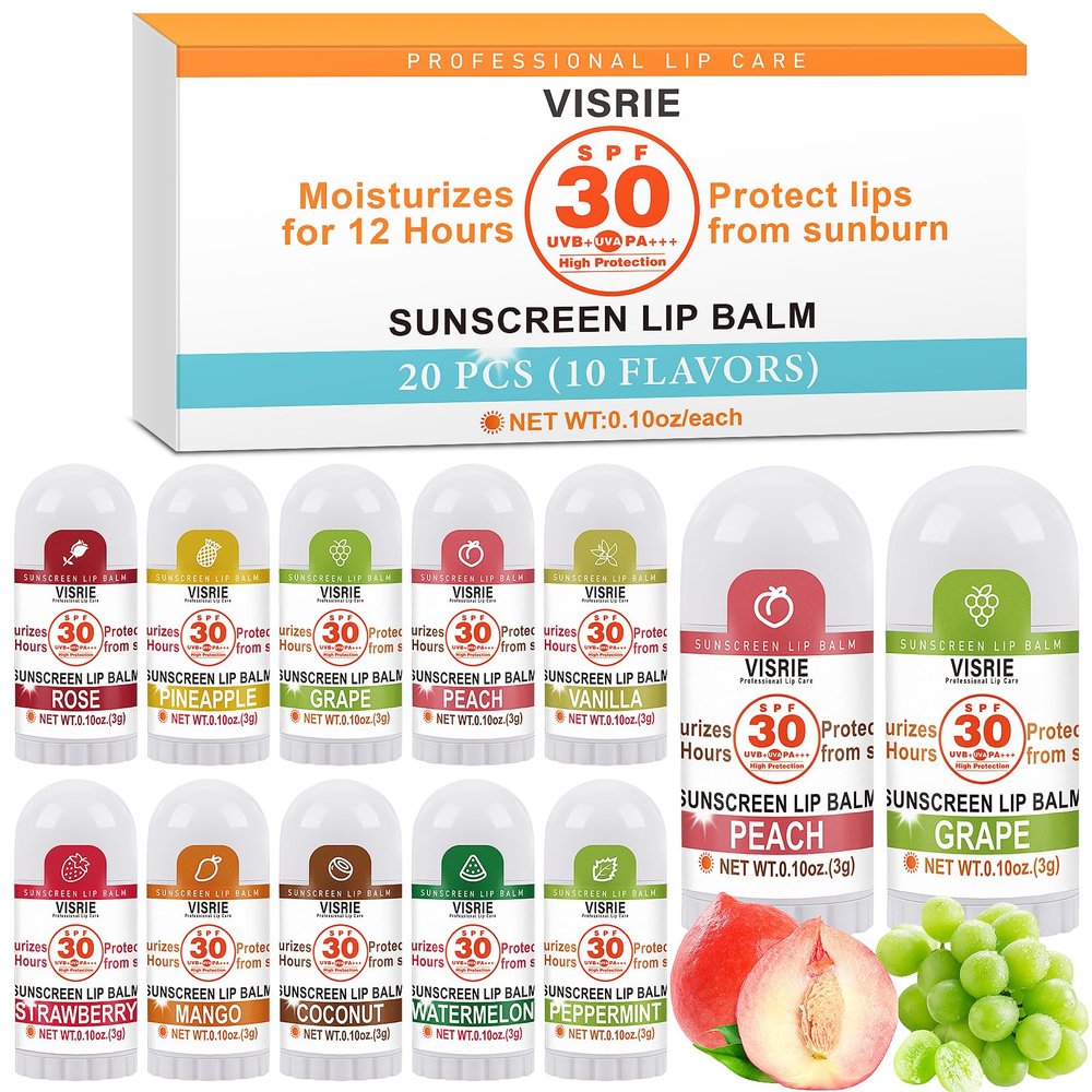 SPF 30 Mini Sunscreen Lip Balm, 20 Count, 10 Flavors