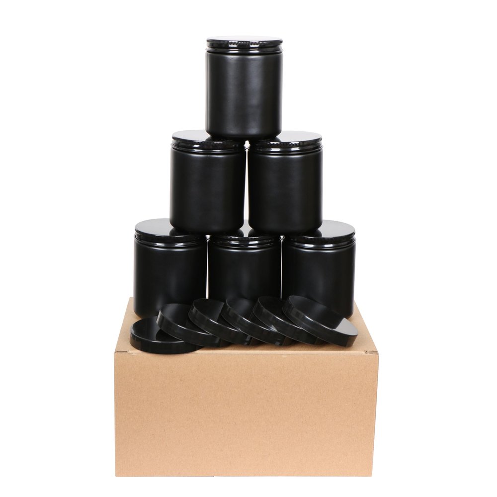KIGITIK 6 pack 8oz Black Glass Jars and Plastic & Metal Lids, Refillable Thick Glass Jars For Candle, Storage, Spice, Liquid, Powder. (8oz Black)