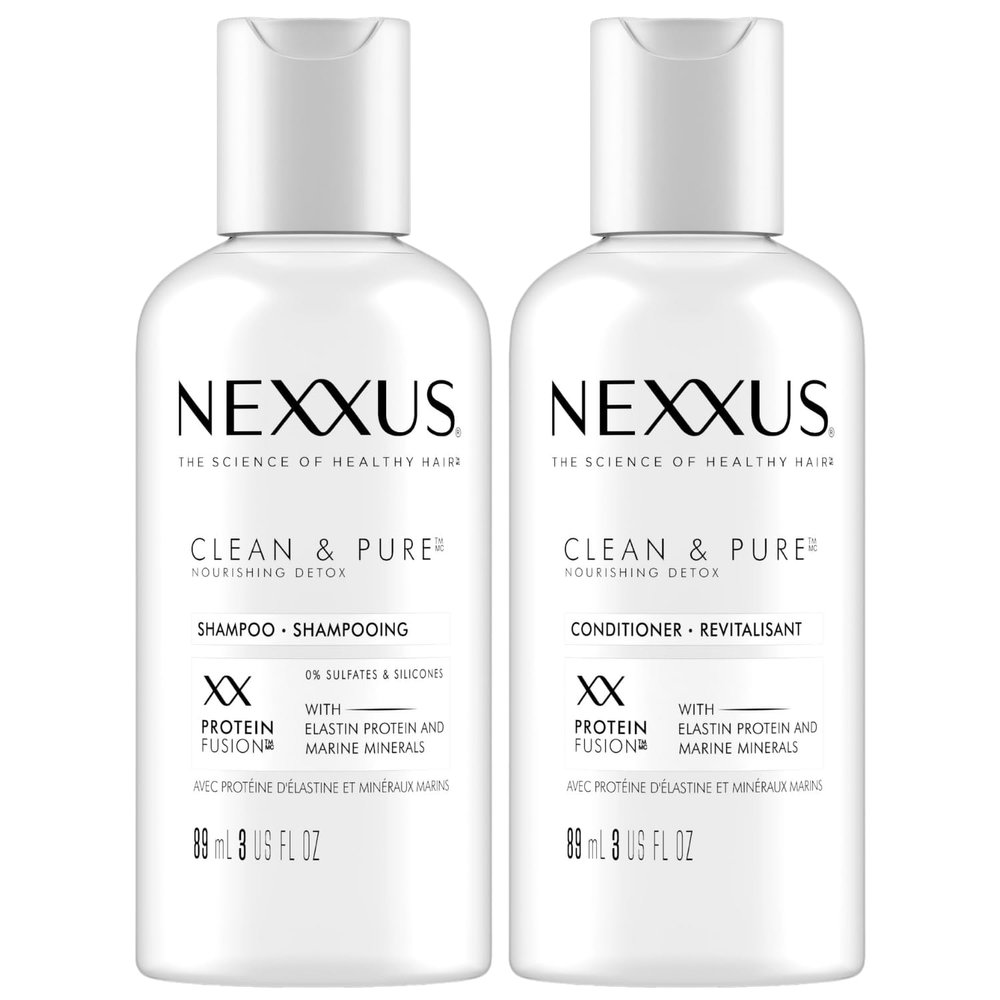 Nexxus Travel Shampoo and Conditioner, Clean & Pure  Hair Products with Elastin Protein and Marine Minerals, Sulfate-Free, 3 Oz Ea